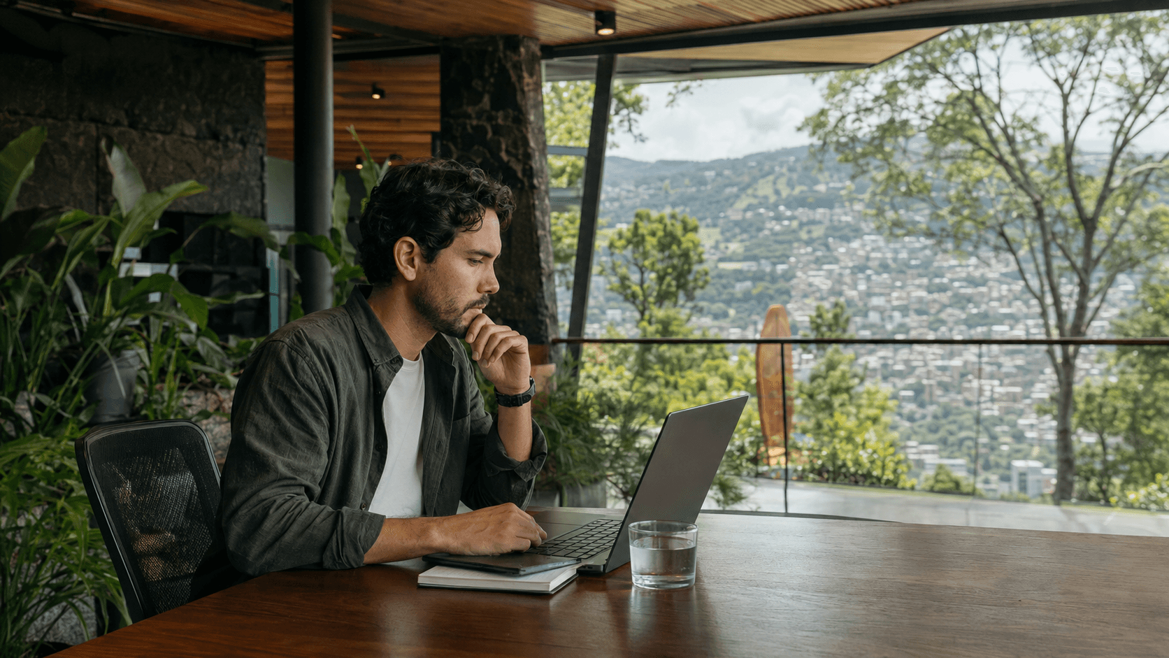 Ingeniero de TI trabajando desde una terraza en Medellín